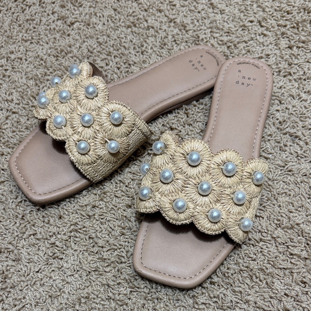 a new day Pearl-Studded Scalloped Raffia Slide Sandals in Beige